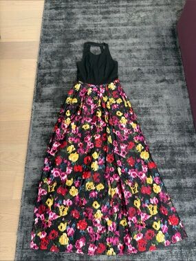 Moulinette Soeurs Black Bodice Floral Maxi Dress with Pink, Yellow & Red Flowers